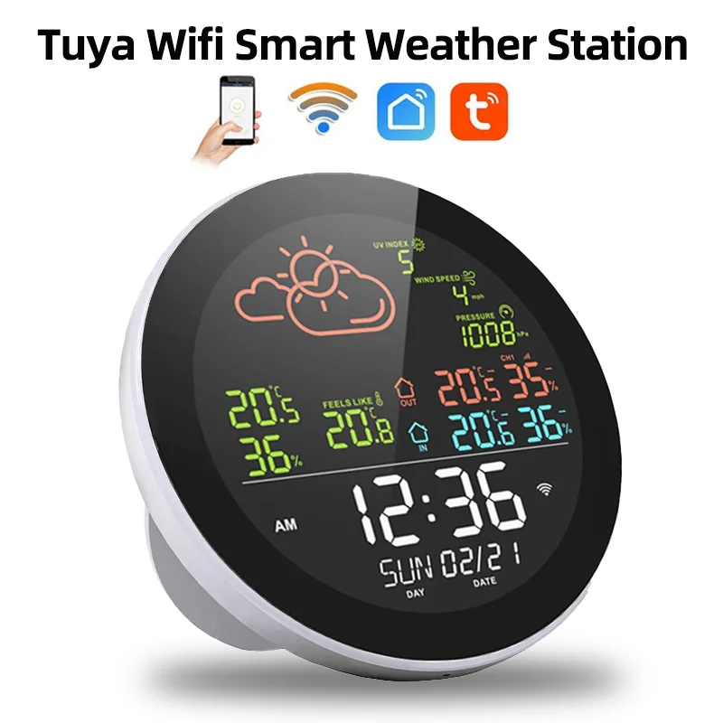 Tuya Wifi Smart Weather Station Indoor Outdoor Home Temperature Humidity Meter Digital Color Screen Clock Thermometer Hygrometer