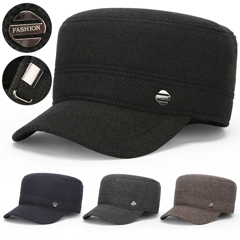 Winter ear protection woolen flat top hat small square standard outdoor leisure sports windproof and cold dad warm cotton hat