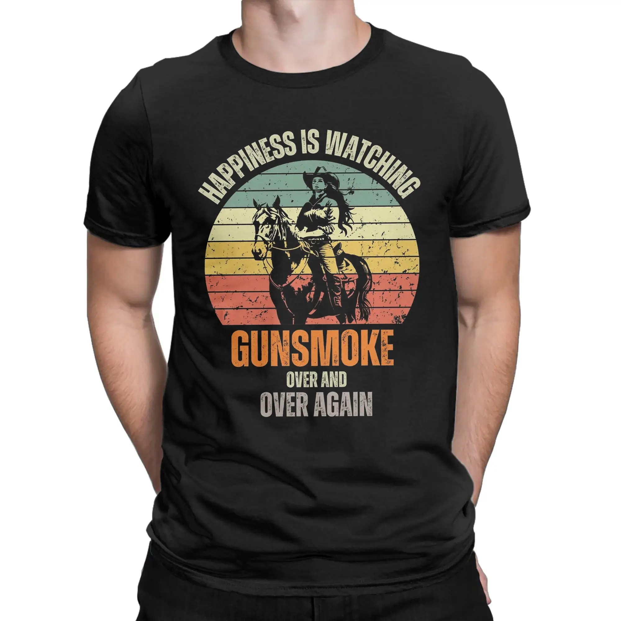 Vintage Happiness Is Watching Gunsmoke Over And Over Again T-Shirts Men Round Neck Cotton T Shirts  Short Sleeve Tees Clothes