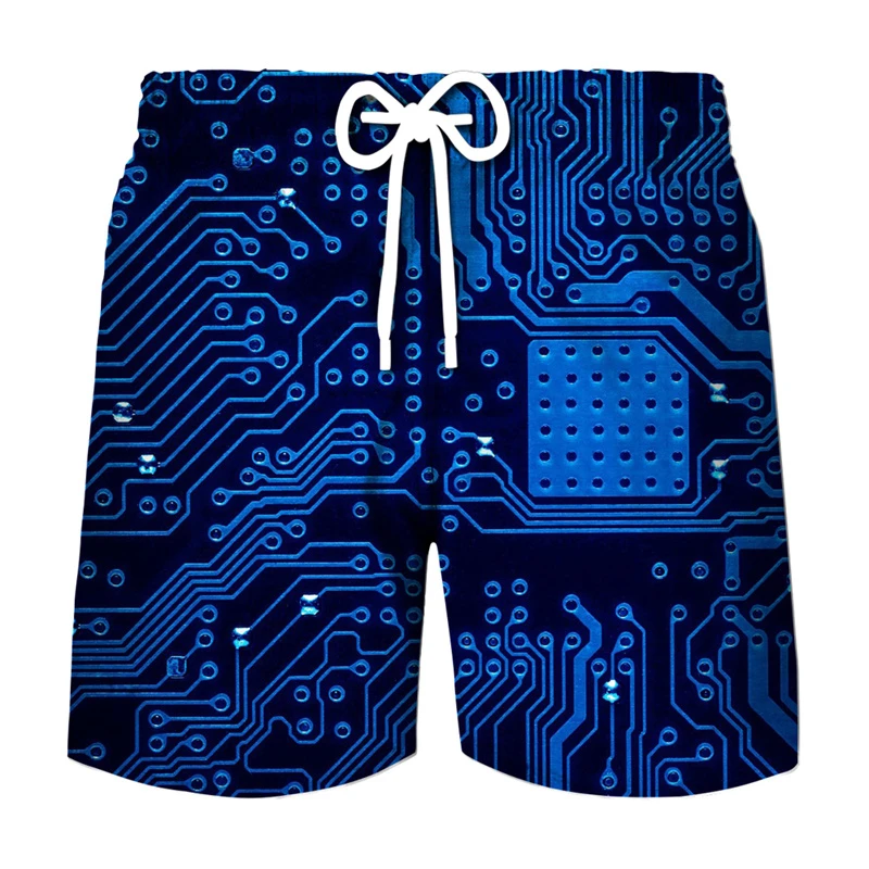 Circuit Board Graphic Shorts Pants Men Summer Hawaii Beach Shorts 3D Printing Electronic Chip Cool Swimsuit Gym Surf Swim Trunks