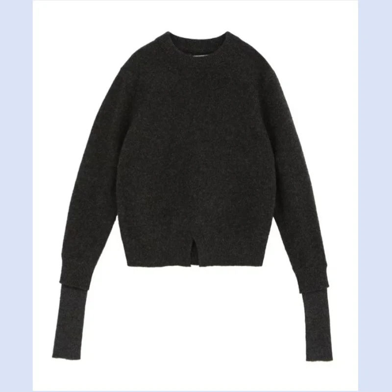 24 year autumn and winter round neck extra long folded sleeve hem slit warm wool knitted sweater