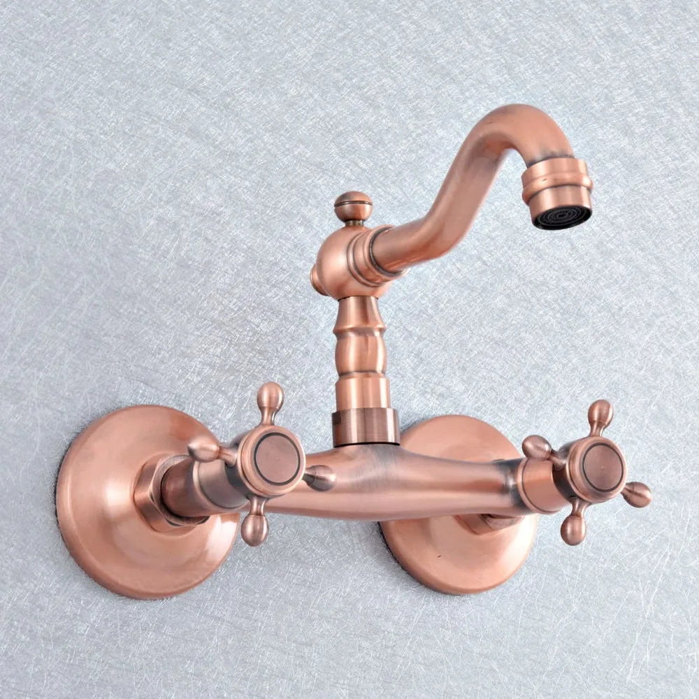 

Antique Red Copper Brass Wall Mounted Kitchen Wet Bar Bathroom Vessel Basin Sink Hot Cold Mixer Tap Swivel Spout Faucet msf867