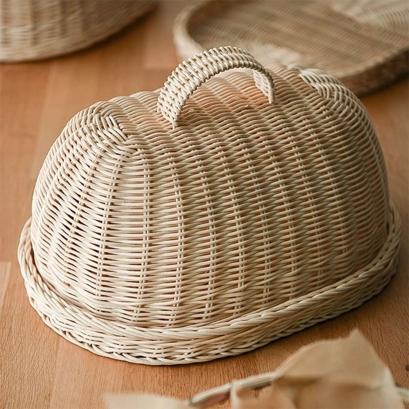 Handwoven Rattan Bread Basket Food Fruit Vegetables Serving Baskets with Dust Proof Cover Pantry Organizer for Kitchen