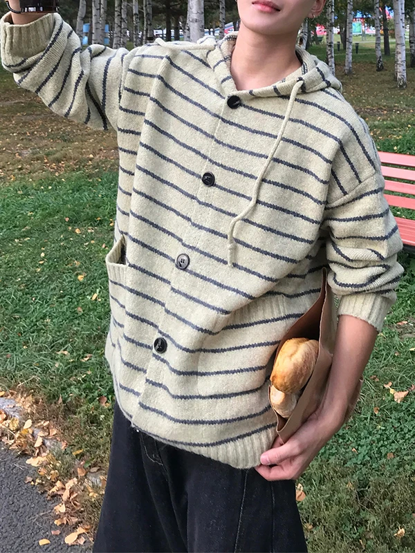 

Вязаный кардиган в полоску с капюшоном в стиле ретро, мужской свободный повседневный кардиган из полиэстера, длинный све, теплая дышащая верхняя одежда, топ