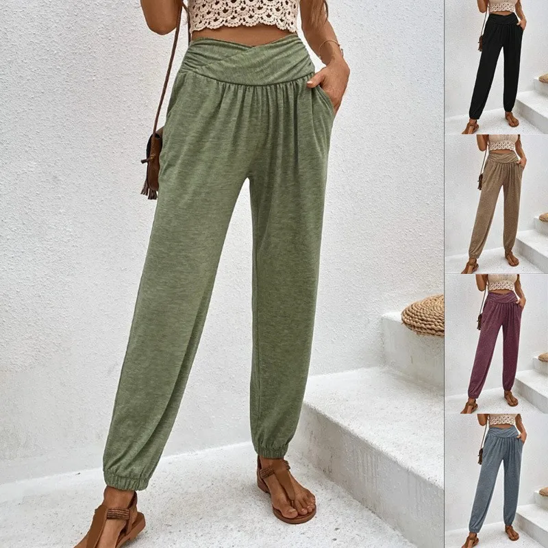 

Casual Loose Fit Pants Cotton Jogger High Waist Trousers Ankle Cuff Elastic Cuff Lounge Pants Solid Color Olive Green Khaki Grey