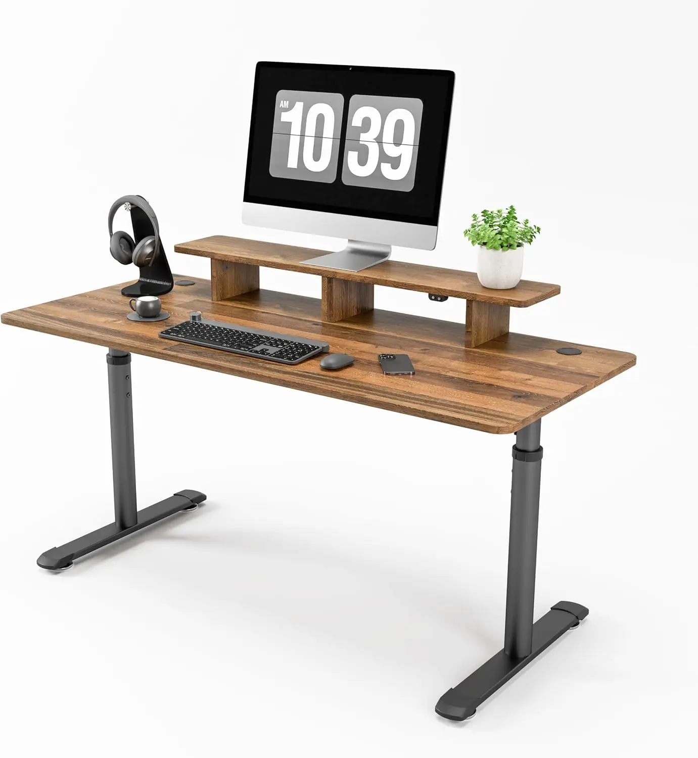 60 inch manual adjustable standing desk home office desk with monitor shelf led lights dual monitors mouse pad