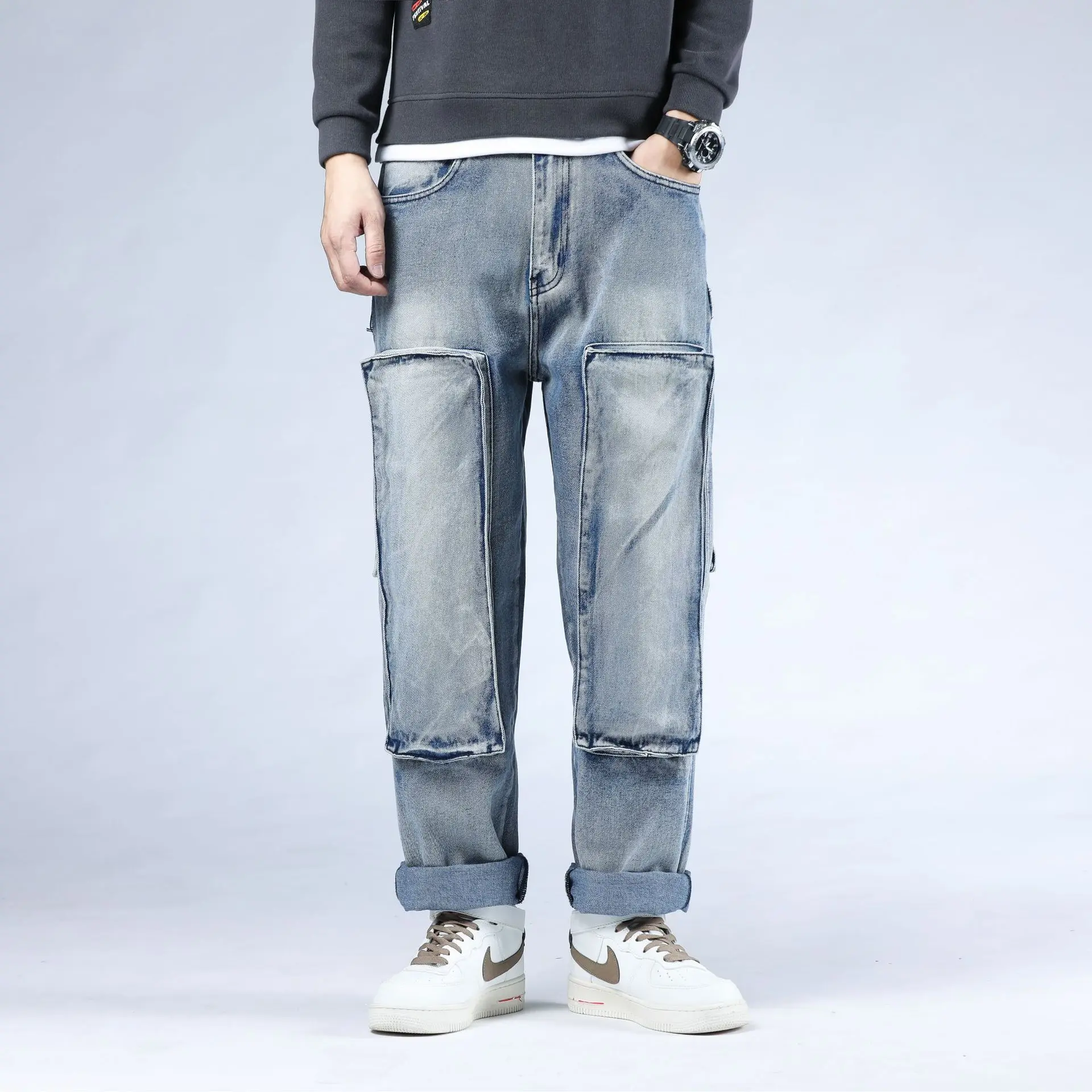 Men Straight Jeans Hip Hop High Waist Washed Denim Trousers Casual Multi Pocket Denims 2024 Streetwear Baggy Skateboard Pants