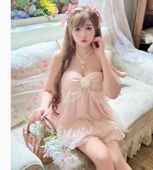 Neue Sommer romantische Mädchen süße rosa Schleife Spitze Rohr Top Puppen hemd und Spitzen rock 2 Stück Anzug Prinzessin Outfits Lolita