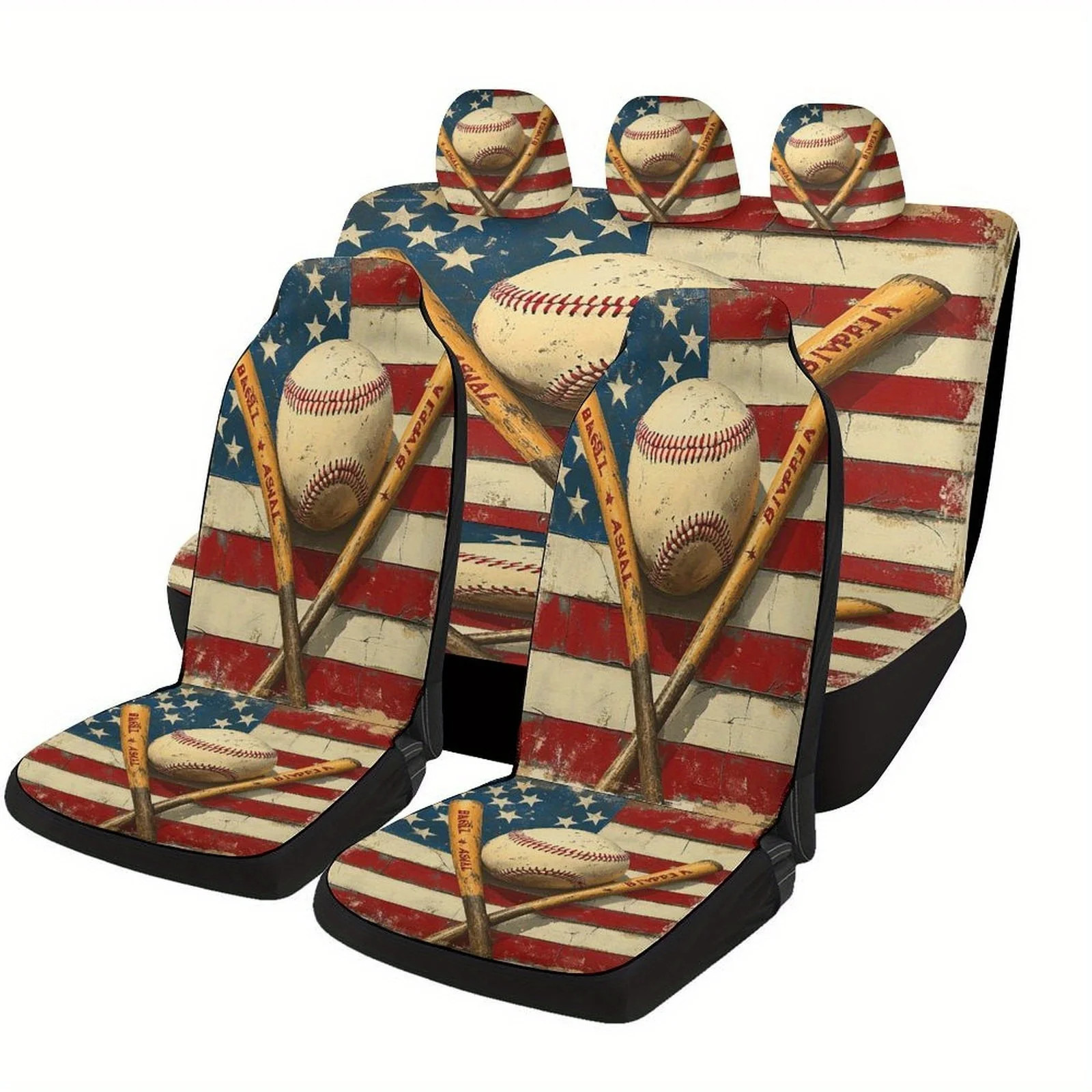 Baseball USA Flag Art Designed Car Seat Cover Set For Most Cars, Fashionable Novelty Car Seat Protector Covers Full Set, Univers