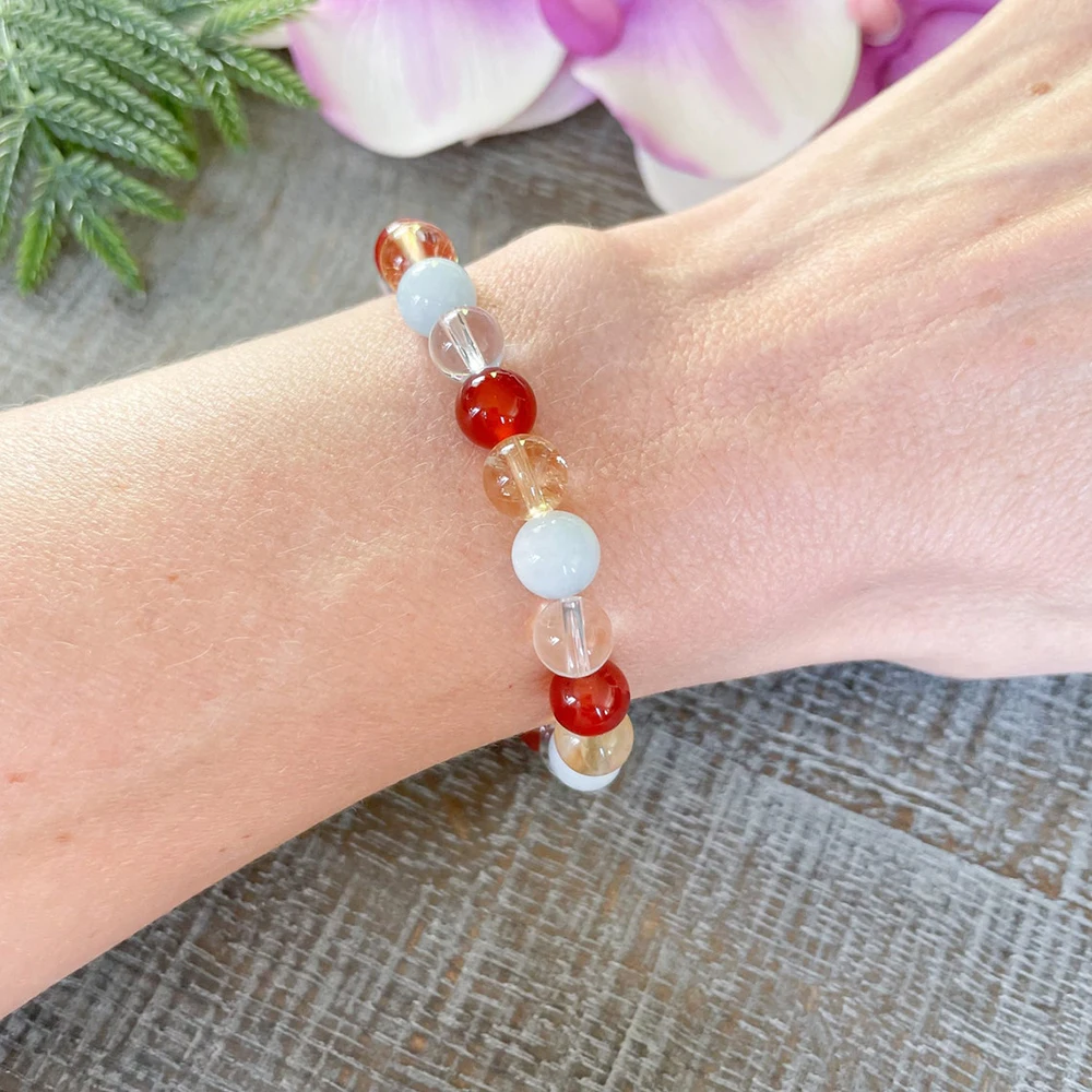 Ruberthen Aries Zodiac Gemstone Bracelet Aquamarine Citrine Carnelian Clear Quartz Healing Bracelet April Birthstone Aries Gift