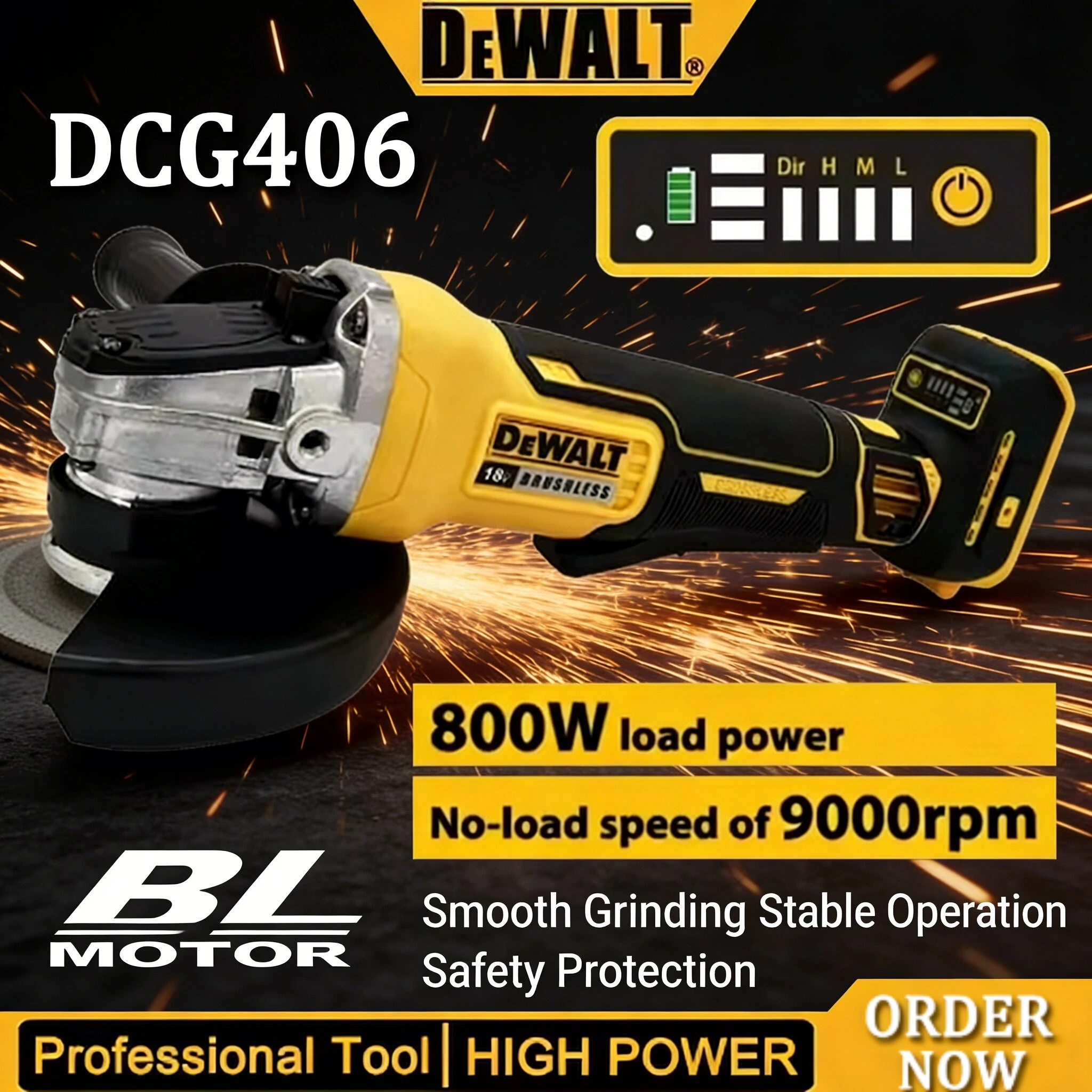 

Бесщеточная угловая шлифовальная машина 125 мм, литий-ионная, 4-скоростная, беспроводная, для резки, полировки и шлифовки, совместима с аккумулятором Dewalt 20V.