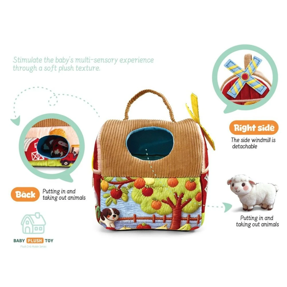Set di 7 Giocattoli Educativi a Forma di Fattoria, Bambole in Peluche con Contenitore, Gioco Sensoriale per lo Sviluppo della Motricità Fine, Regalo per l'Apprendimento Precoce dei Bambini
