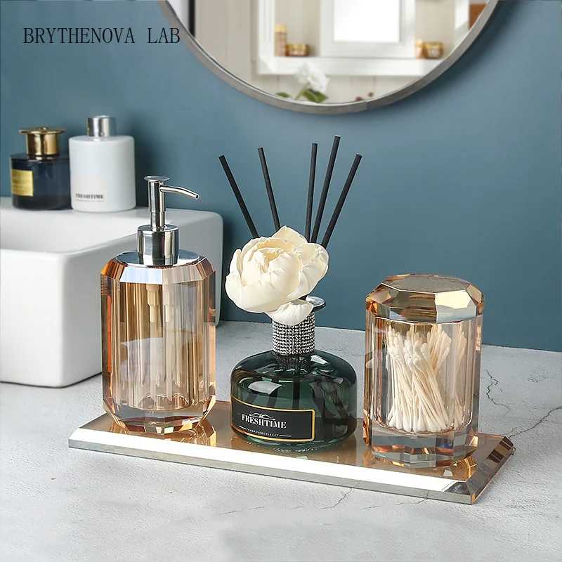 Luxury Crystal Glass Hand Sanitizer Dispensing Bottle Aromatherapy Toothpick Tray Box Clear Lotion Bottle Bathroom Accessories