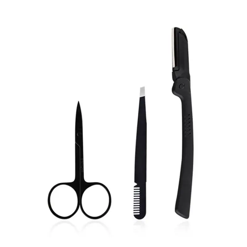 3 Pcs Eyebrow Tweezers Razor Scissors Professional Eyebrow Grooming Kit Stainless Steel Eyebrow Trimmer