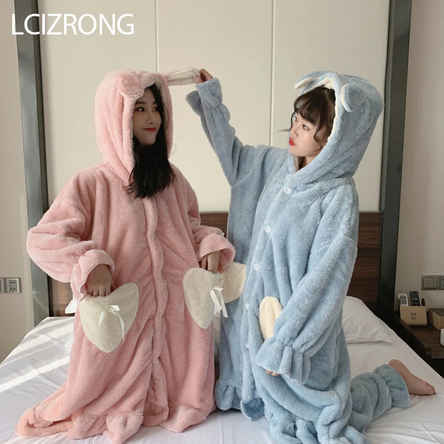 Winter Fashion Warm Thick Hooded Pajamas For Women Cute Ear Sweet Girl Loose Robes Long Pants Homewear Clothes Pijama Mujer