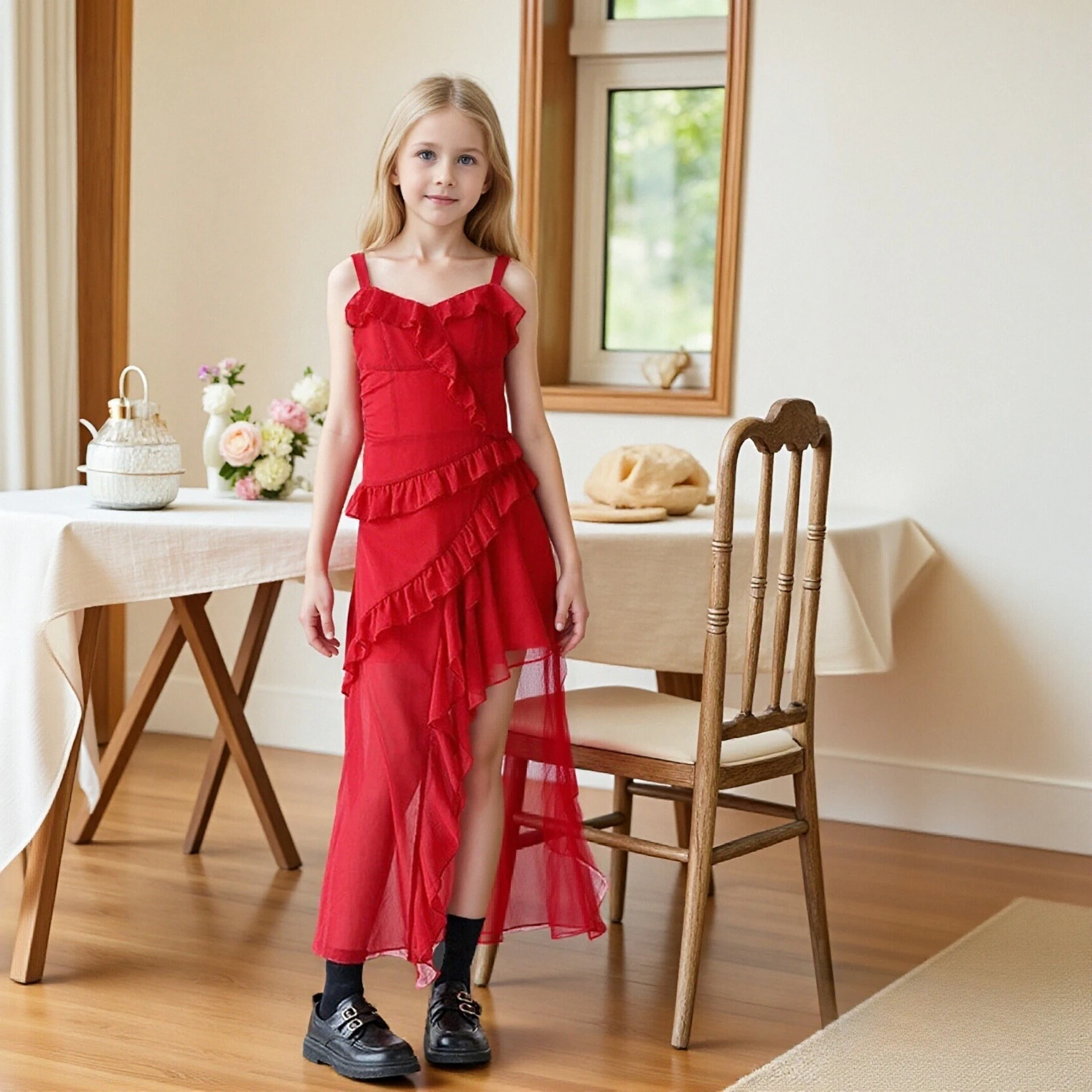 

Летнее тонкое асимметричное шифоновое платье без бретелек для девочек, красное, для отпуска и пляжа, 2026, детская одежда для подростков