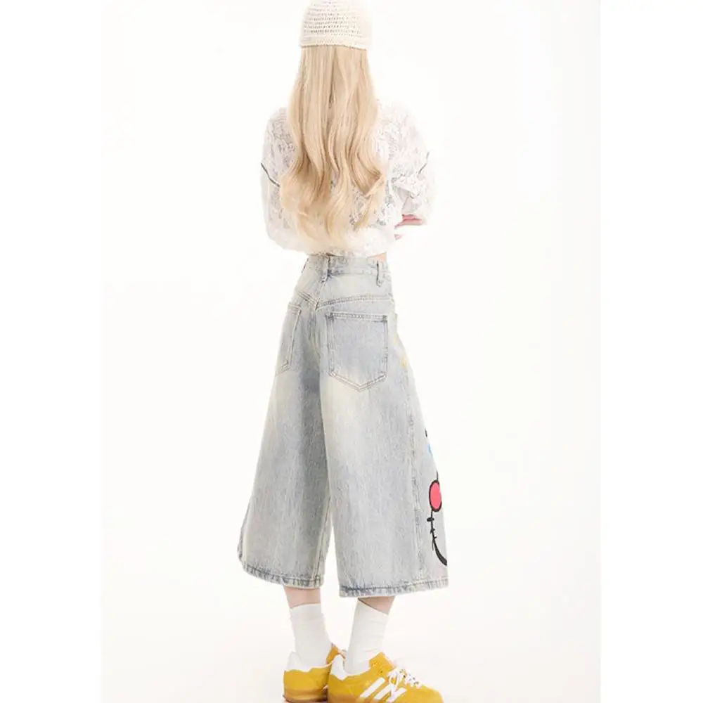 Jeans Y2K Hello Kitty Damen Sommer Wadenlange Hose Neuer Cartoon-Druck Niedliche Studentenjeans Hello Kitty Kurze Hose Lose Slim