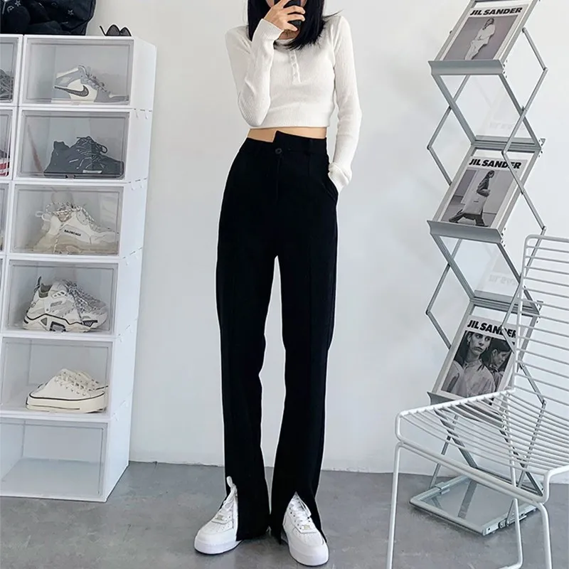 

Асимметричные брюки с высокой талией и разрезом, женские повседневные брюки в пол, для фигуры типа «груша», утягивающие, с широкими штанинами