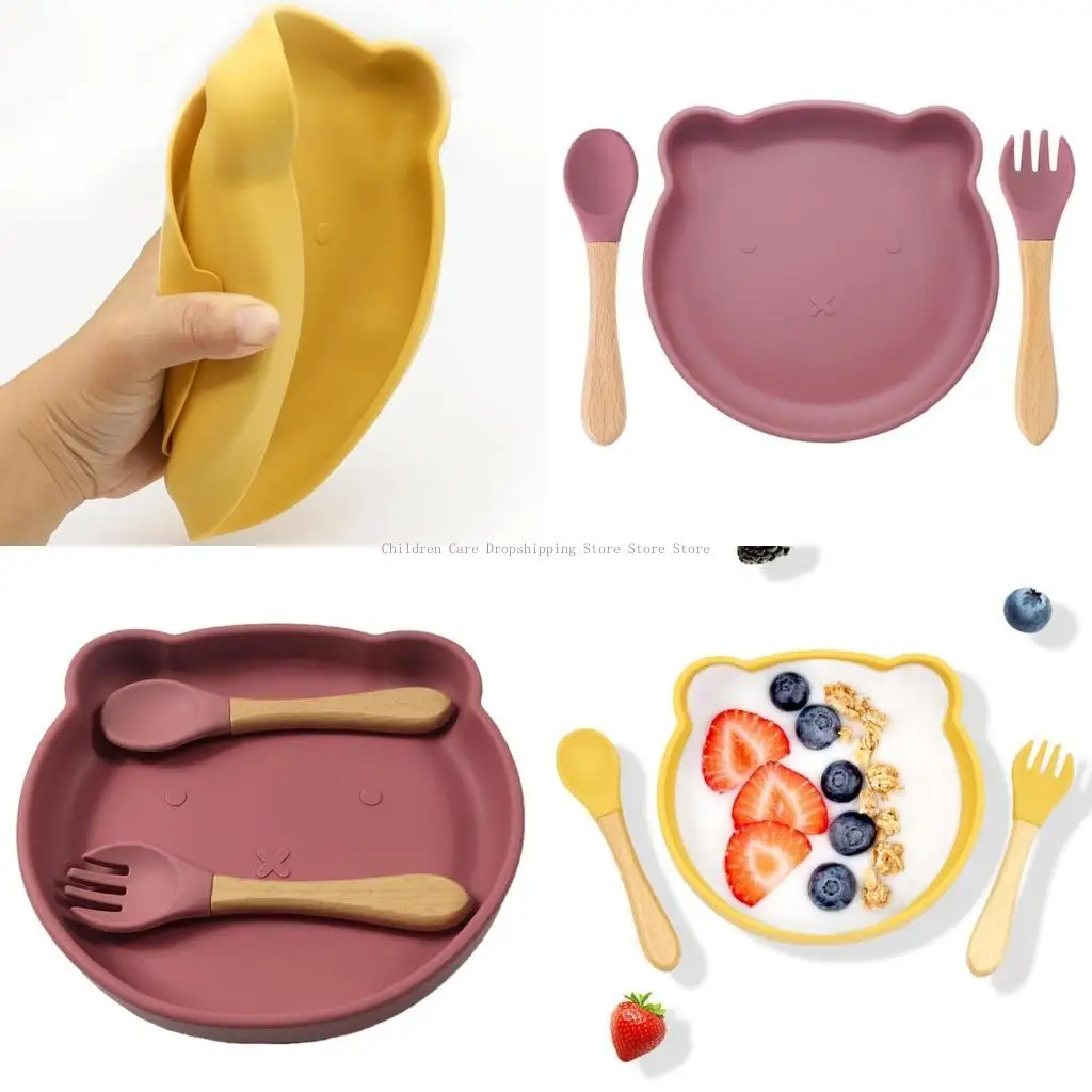 

Cartoon Silicone Plate with Spoon & Forks Bear Plate Portable Baby Plate