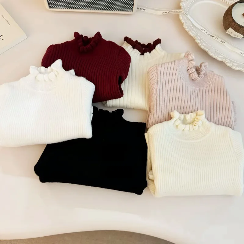 

01-2025Autumn Winter Girls' New Baby Tops Little Girls' Princess Ruffled Base Shirt Children's Knitted Sweater Trendy