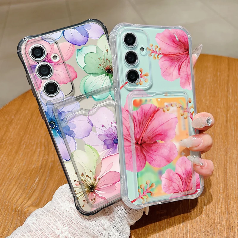 Red Flower Print Card Pocket Phone Case For Samsung Galaxy S26 S25 Ultra S23 S24 FE A57 A17 A56 A55 A25 A16 A36 A15 5G TPU Cover - view 2