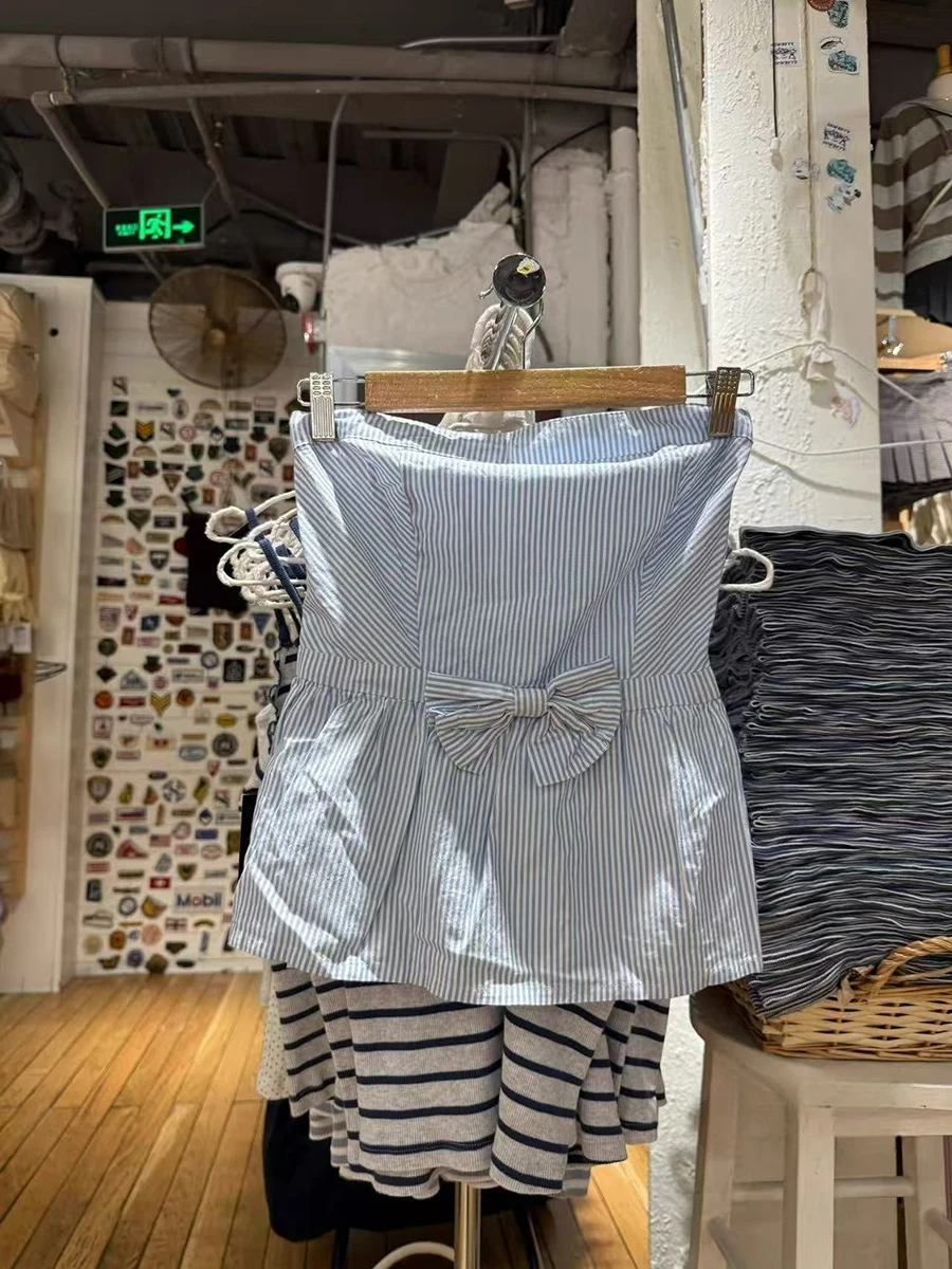 

Light Blue Striped Bow Tube Top Woman Summer New Strapless Off Shoulder Vest Female Sweet All-match Sleeveless Tank Tops Y2k