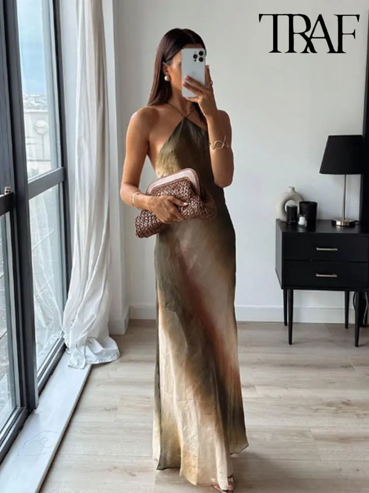 TRAF 2023 여름 여성 타이 염색 프린트 행잉 넥 미디 롱 드레스, 민소매 빈티지 캐주얼 우아한 슬림 드레스, 패션 