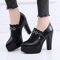 8.5cm 12cm Small Size 32-43 Deep Mouth Crystal Buckle Platform Shoes Women Pumps 2024 Fall Block High Heels Shoes Model Party