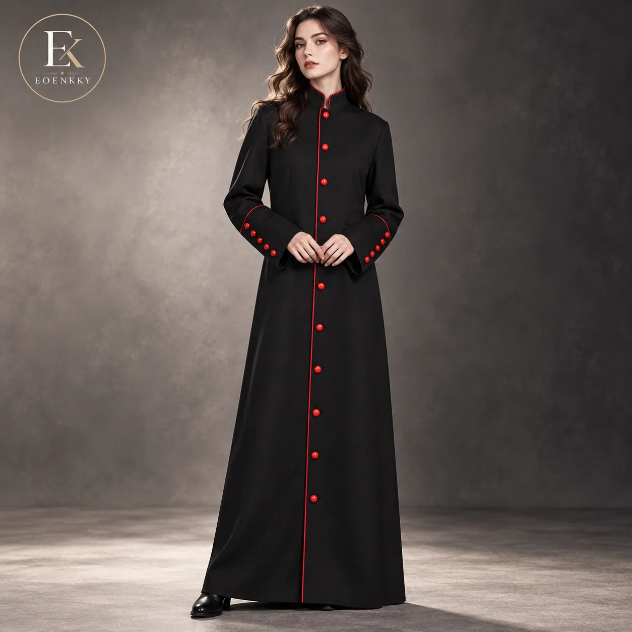 EOENKKY Medieval Priest Robe Costume Black Long Cloak with Red Trim Buttons Gothic Halloween Cosplay Outfit for Men Women