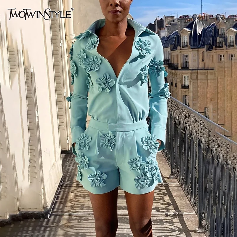 TWOTWINSTYLE macacão elegante com apliques para mulheres, lapela, manga longa, patchwork, zíper, casual, estilo feminino