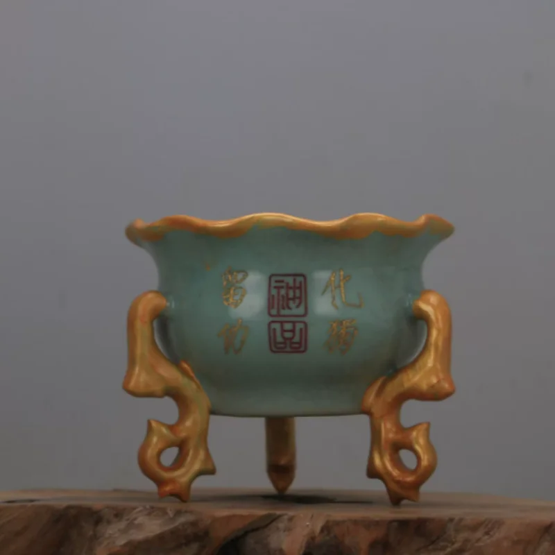 Vintage Ru Kiln Tripod Incense Burner with Flared Lotus Rim - Traditional Chinese Ceramic Artwork, Desktop Decor & Collectible