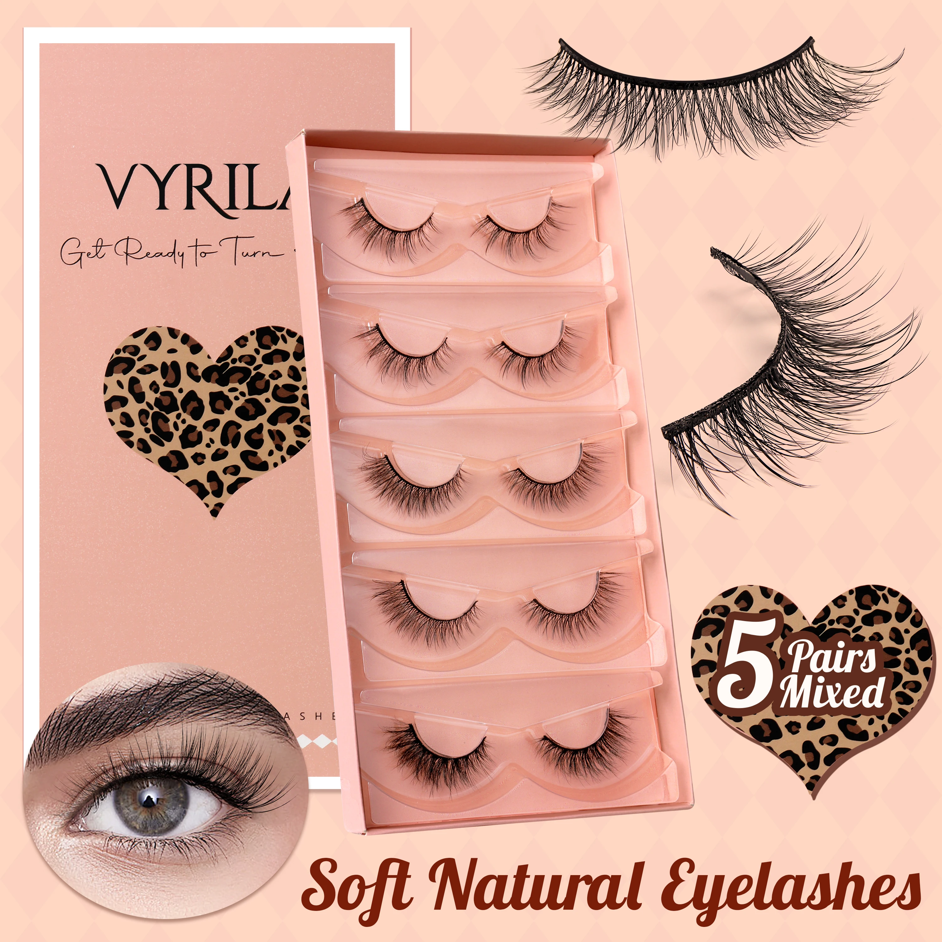 VYRILA Wispy Lashes 0.05mm PBT Fiber Natural Lashes 0.2mm Superfine Band Cat Eye False Eyelashes 5 Pairs Fluffy Strip Lashes