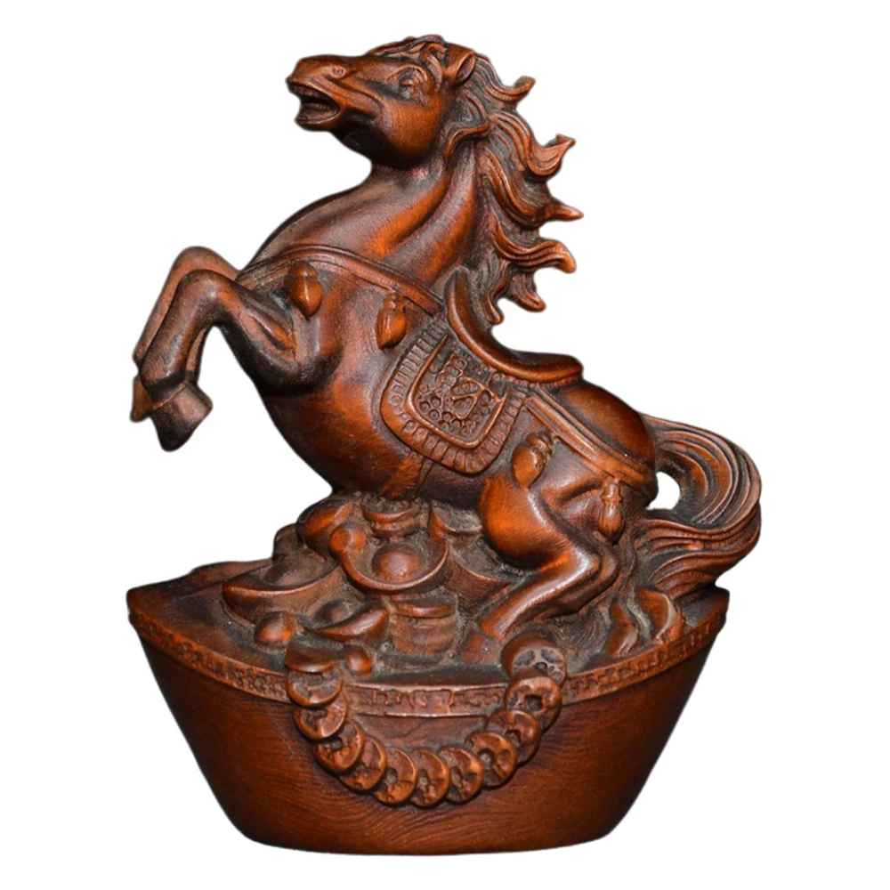 Chinese Figures Statue Wooden Horse Figurine Solid Wood Carved Ingot Coin Style Feng Shui Prosperity Wealth Fortune Success