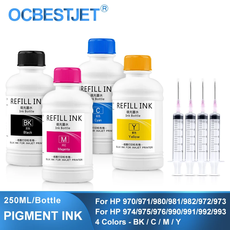 250ML Pigment Ink Refill Ink For HP 970 971 980 981 982 913 972 973 974 975 976 990 991 992 993 377dw 452dn 452dw 477dn 477dw