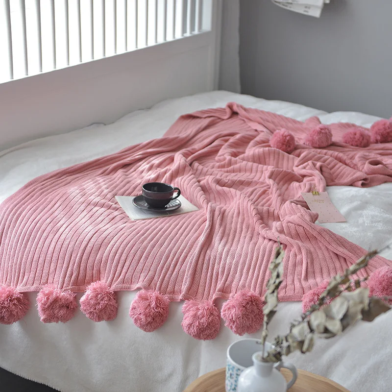 Cotton Knitted Blanket with Woolen Balls Cotton Shawl Blanket Living Room Sofa Blanket Comfortable Durable Not Easily Deformable