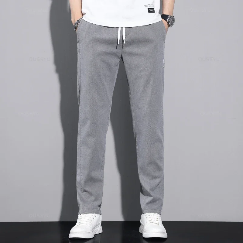 

New Spring Summer Cotton Men's Casual Pants Classic Drawstring Elastic Waist Thin Stretch Jogging Work Cargo Trousers Male S113