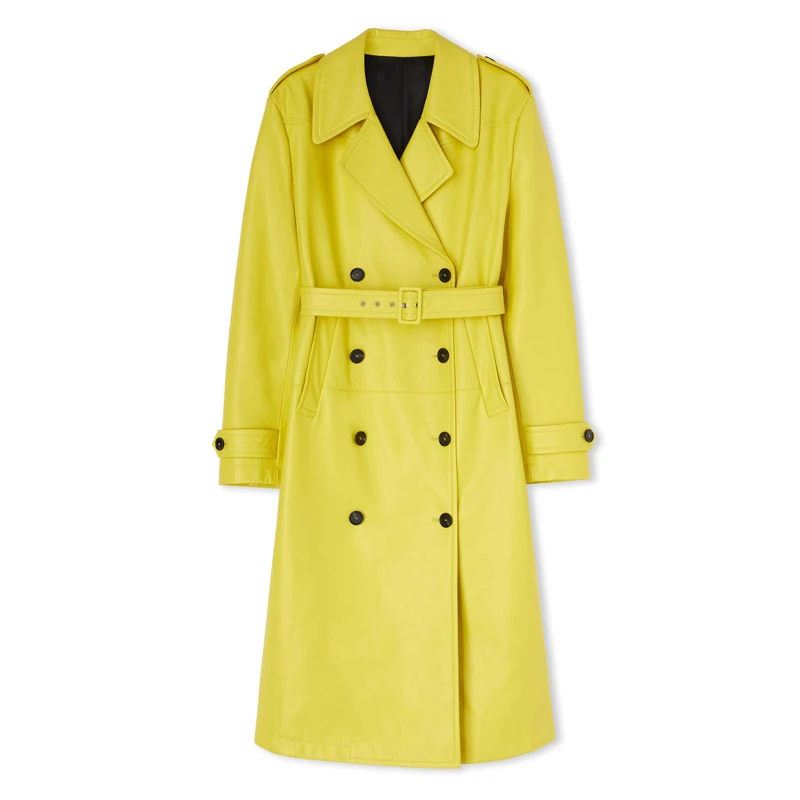 Women\'s winter sheepskin trench coat yellow fashion long length double breasted classic  Trendy leather jacket