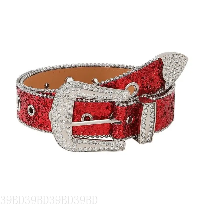 

39BD Sequined Belt for Adult Rhinestones Buckle Belt Bead Trim Waistband for Pants Blingbling Waiststrap Lady Waist Ornament