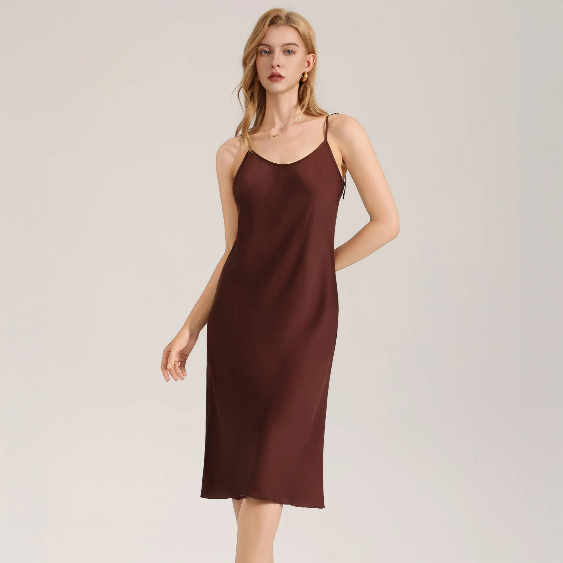 

V-neck Solid Color Strap Thin Silk Satin Suspender Skirt Simple Casual Women's Pajamas Loungewear