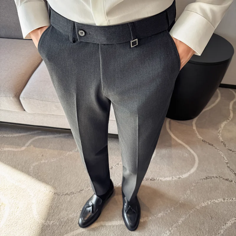 

Новый невидимый эластичный пояс, дизайн, мужские деловые повседневные брюки, высококачественные однотонные тонкие офисные деловые классические брюки, брюки большого размера