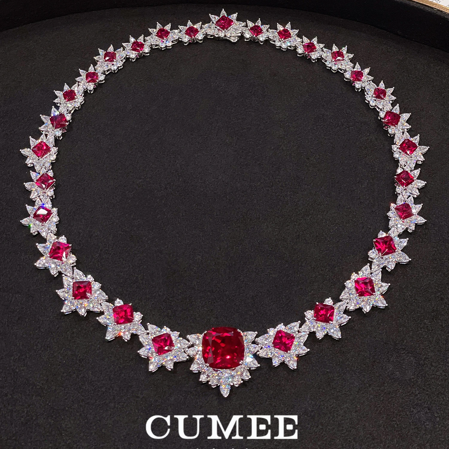 

CUMEE Европейское и американское женское ожерелье Haute Couture Pigeon Blood-red Chain Cultivation из синтетического рубина. Посеребренное Золото