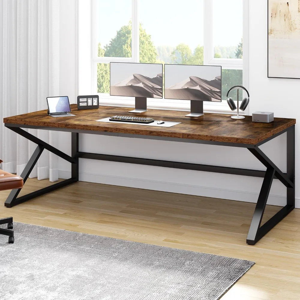 

Large Rustic Brown Computer Desk, 70 Inch Home Office Metal Wood Desk for 2 Person, Farmhouse Extra Long Writing Study Gaming T