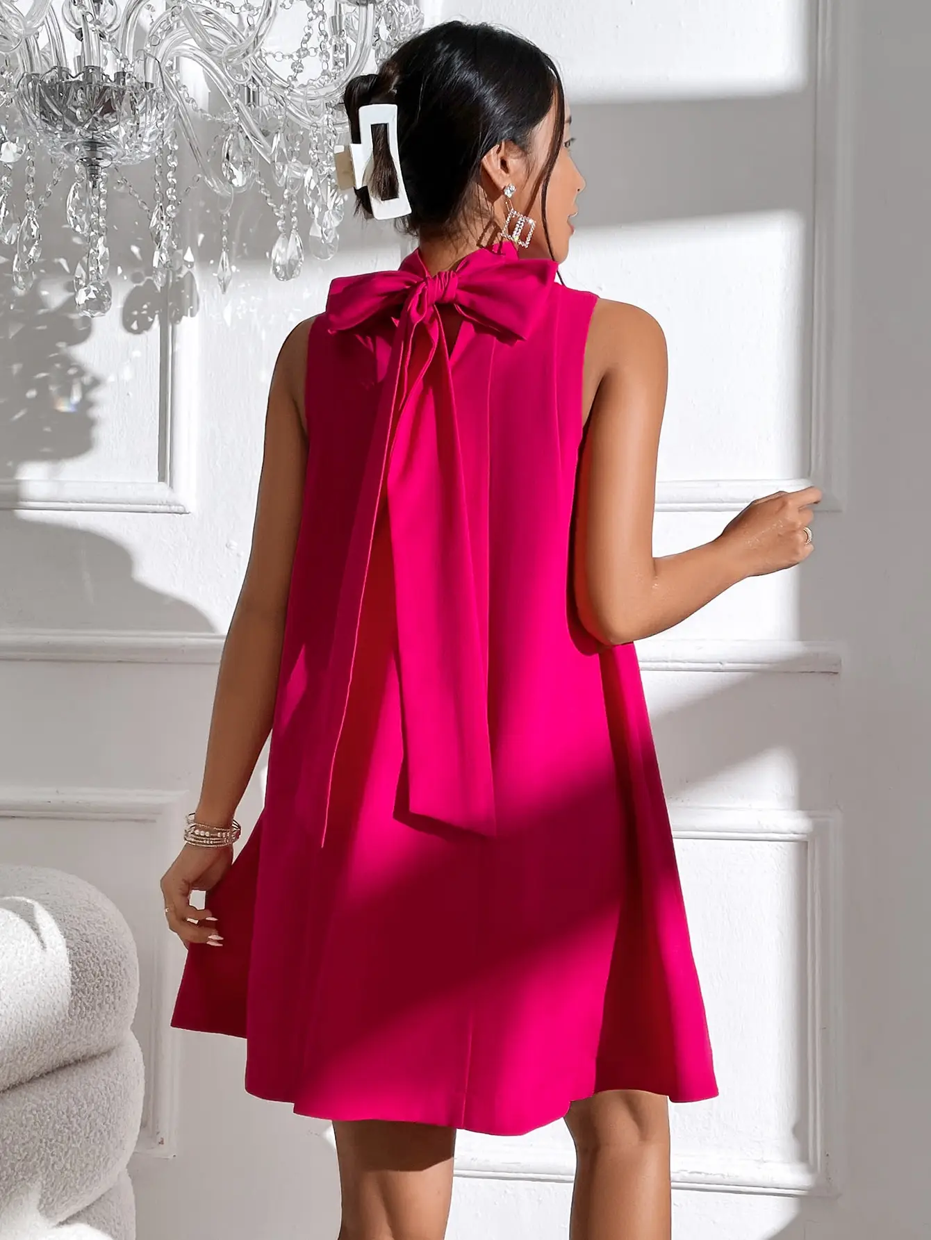 Women's Solid Color Fashionable Backless High Collar A-Line Sleeveless Dress