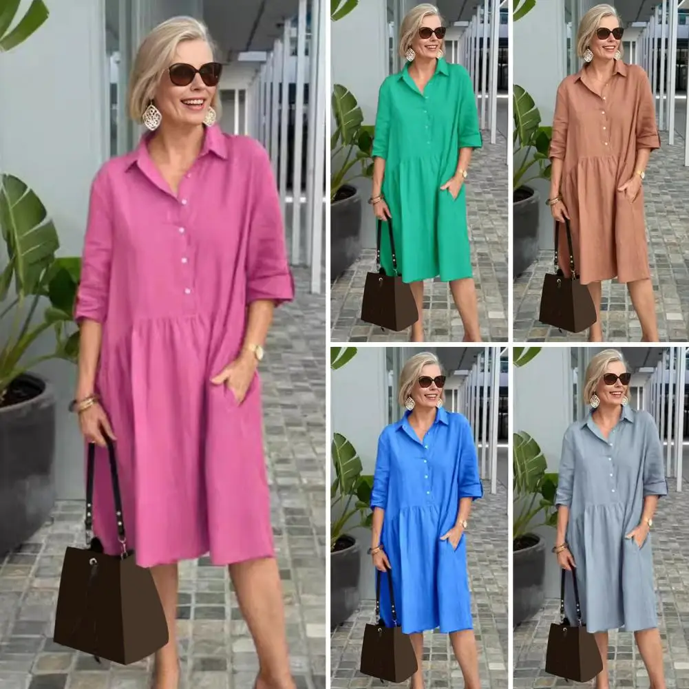 

Women Loose Dress Vintage Lapel A-line Dress with Pockets for Women Summer Midi Dress for Party Travel Work Women Cotton Blend