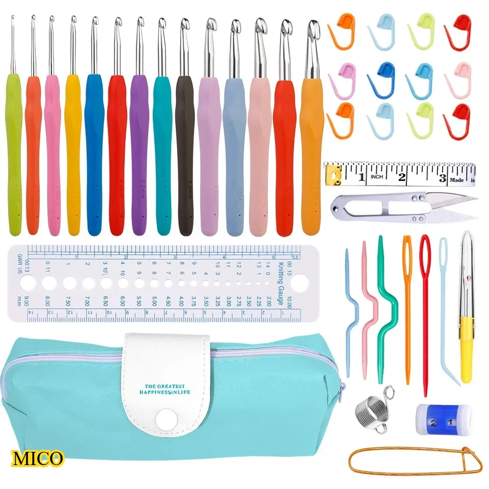 

11 Rainbow Crochet Tool Set for Woolen Weaving, Color TPR Soft Handle Aluminum Crochet, Woolen Crochet Bag 31PC
