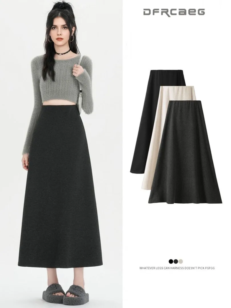 

Осень-зима, повседневный трикотаж, шерстяная юбка трапециевидной формы для женщин, свободные офисные мягкие длинные юбки миди с высокой талией, женские