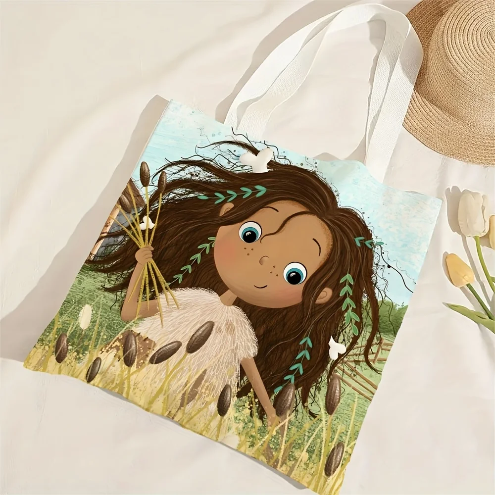 1pc Cute Cartoon Double-Sided Printing Reusable Tote Bag Polyester Casual Shoulder Bag with Fixed Straps Polyester Cute Tote Bag