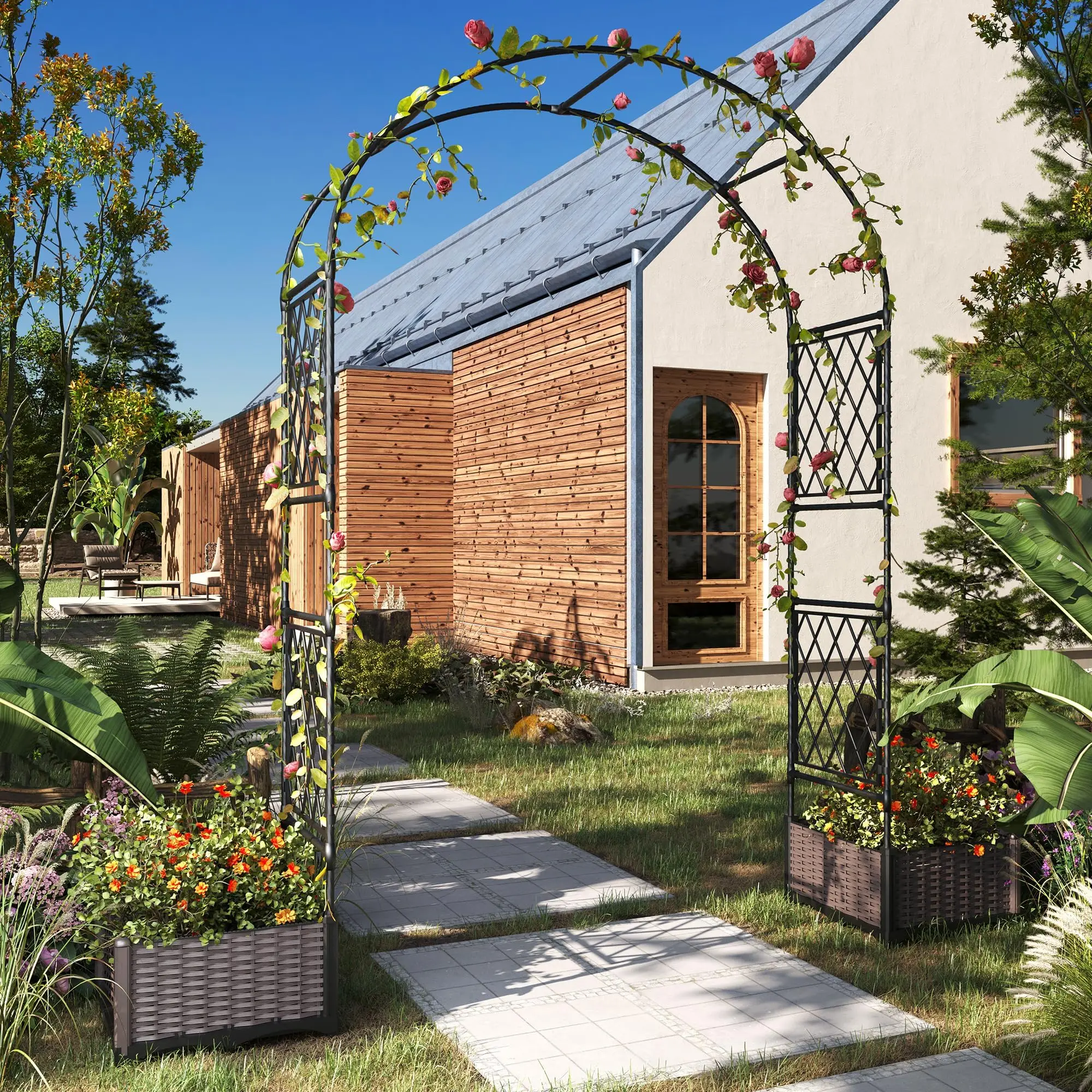 Arche de jardin en métal résistante aux intempéries avec 2 jardinières - Pergola décorative pour plantes grimpantes - Utilisation extérieure pour pelouse, jardin, mariage