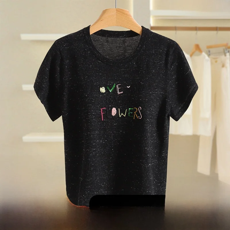 

Ele Embroidered Letter round Ne ort Sve Thin Knitted Sweater Faionable Women's Autumn Top Comfortable Straight Fit