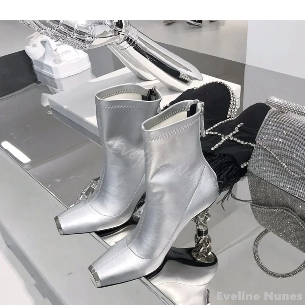 

Solid Strange Style Ankle Boots Women Square Toe Metal Back Zipper Stretch Boots 2024 New Autumn Winter Fashion Casual Boots
